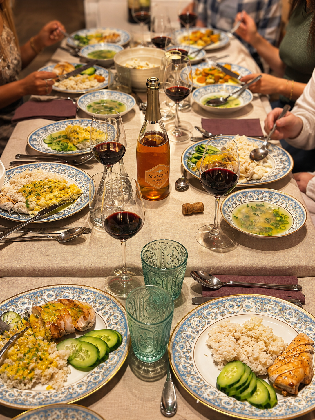 Shared dishes on a warm dining table